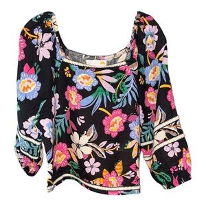 C&C California Womens Black Floral Linen Peasant Boho Top Blouse 3/4 Sleeve Sz M